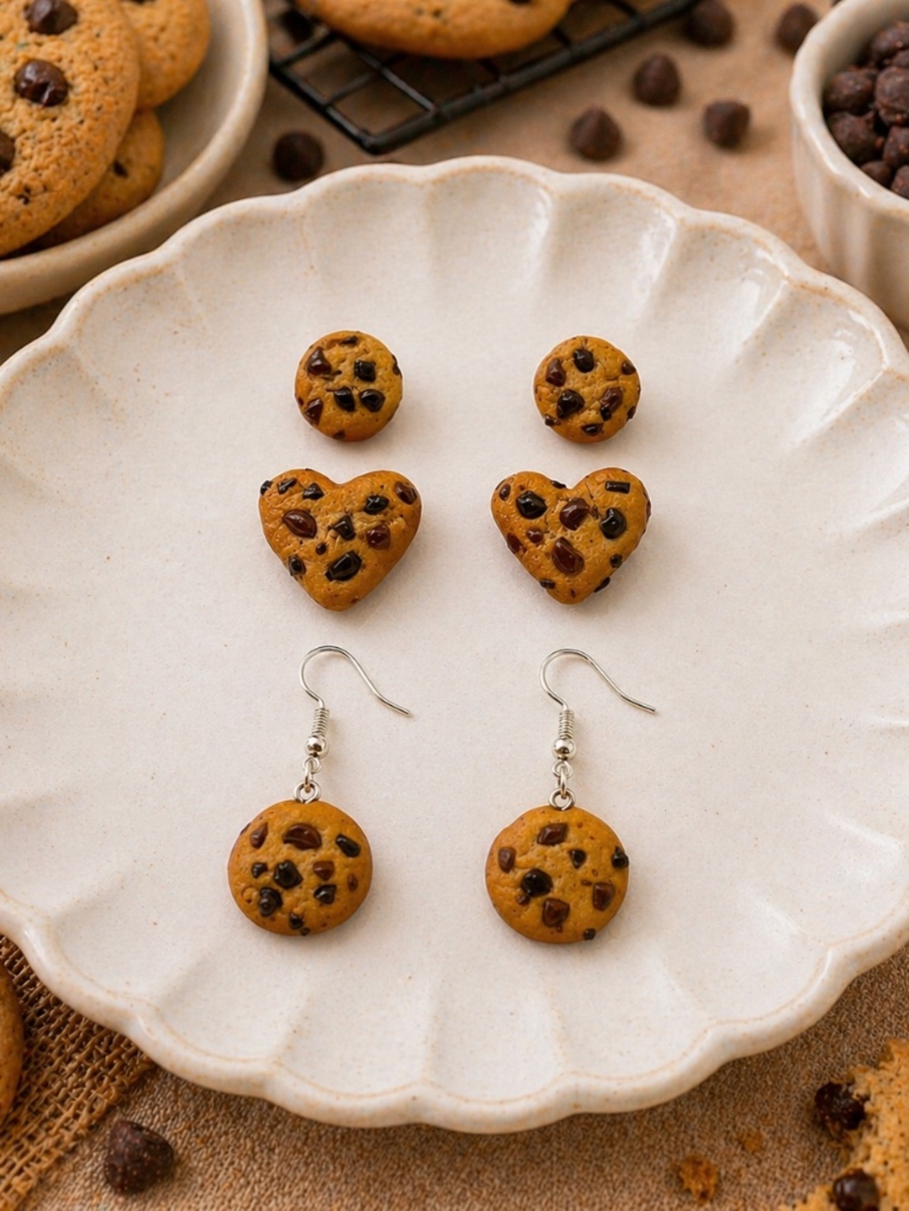 Chocolate Chip Cookie Earrings | Stud & Dangle Set of 3 Pairs – Handmade